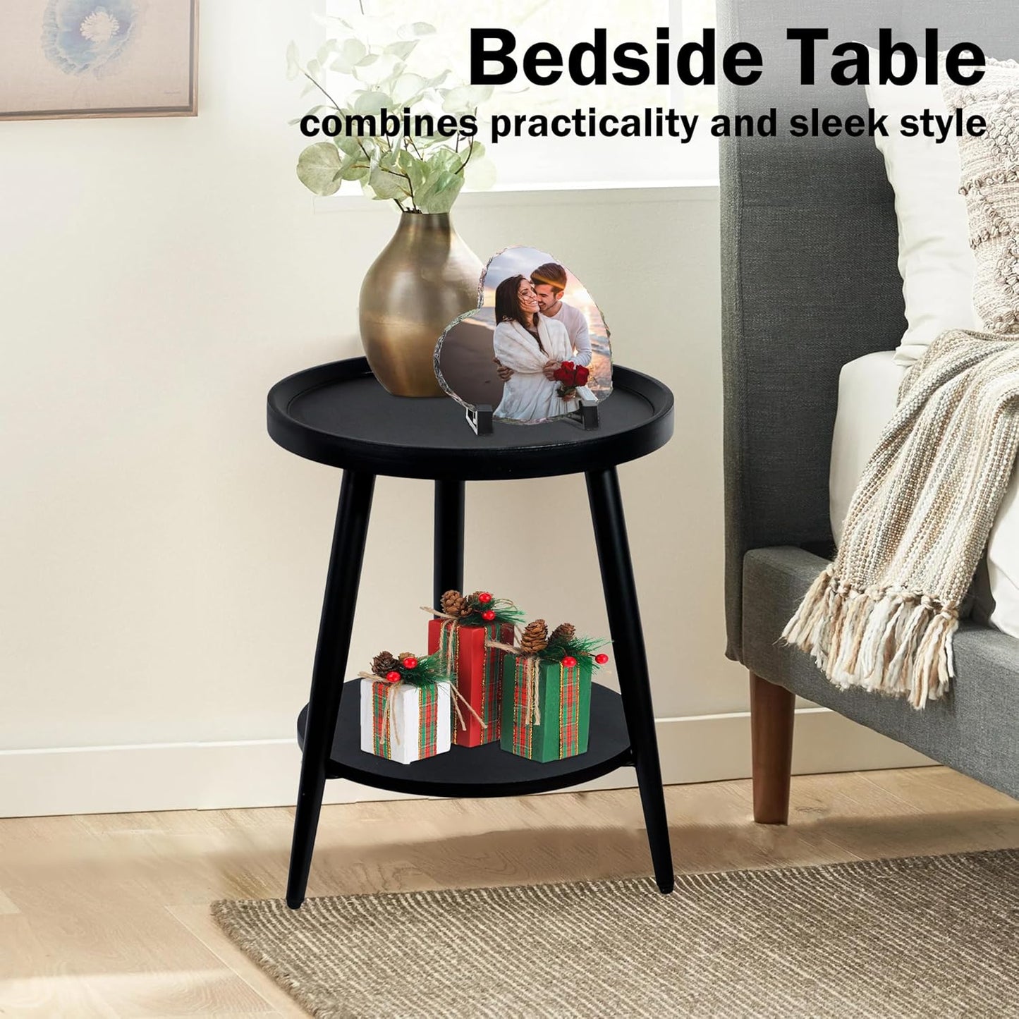Small Round Side Table, 2-Tier Mid Century Modern Side Table, Round End Table Small Side Table for