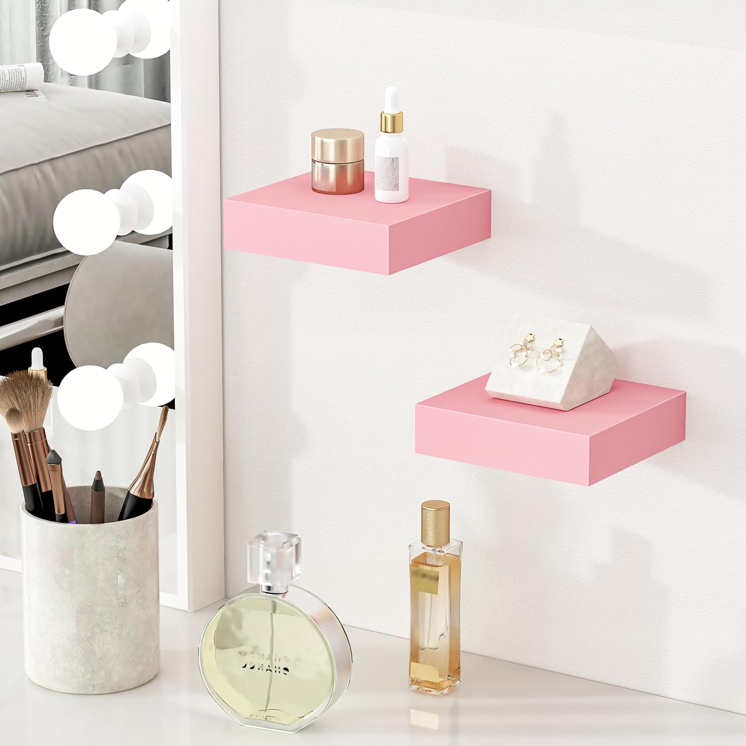 BAMEOS Pink Floating Shelves for Wall, 6" x 6" Wall Shelves for Room, Floating Book Shelves