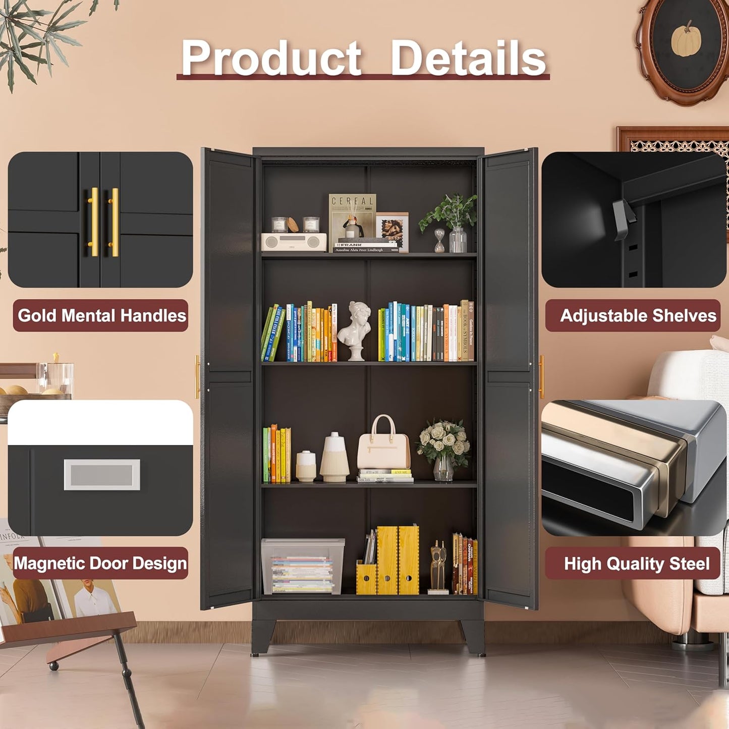 Metal Pantry Cabinet with 2 Doors and Adjustable Shelves, Kitchen Storage cabinets with Gold