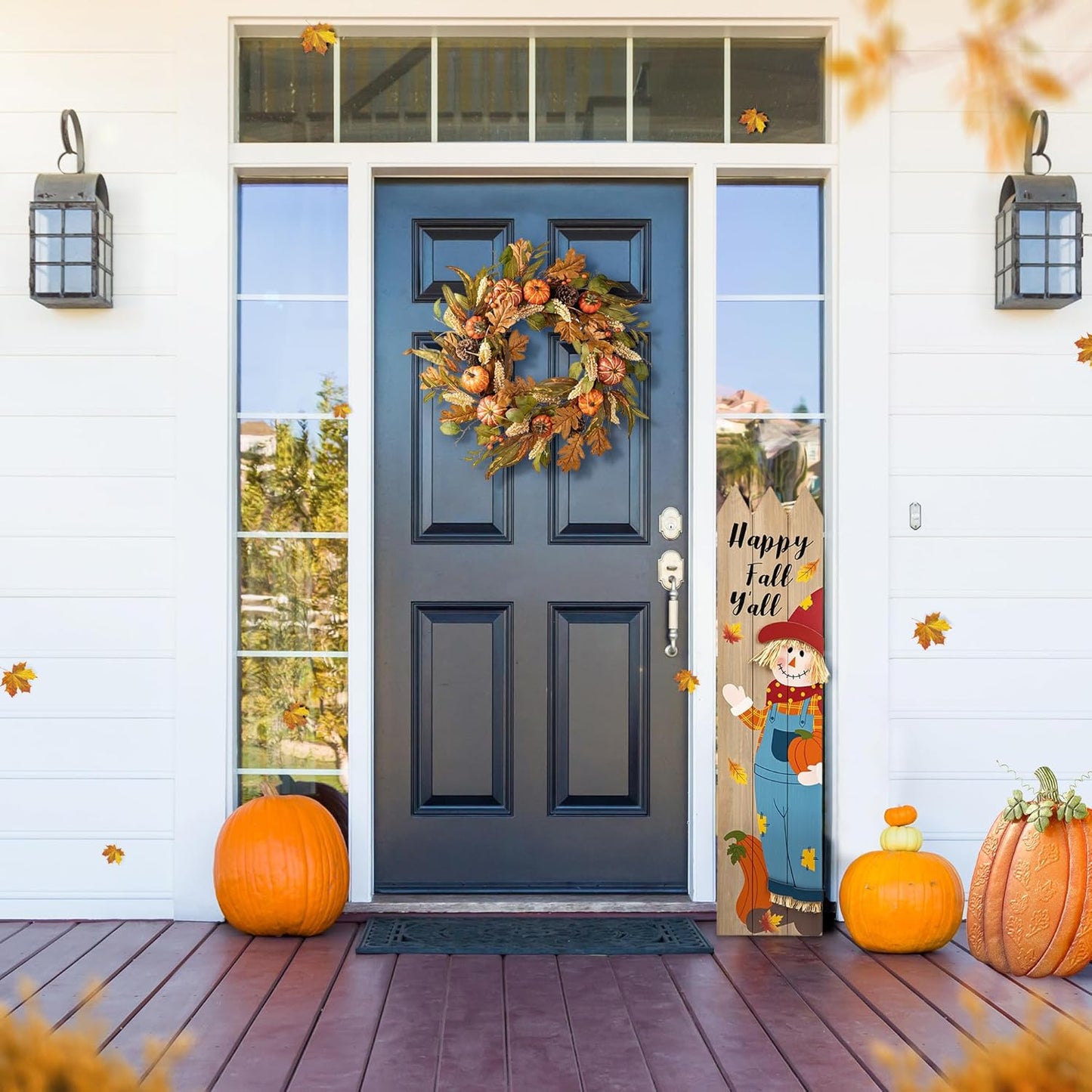 Glitzhome 24''D Fall Pumpkin Leaf Floral Wreath Decor, Artificial Harvest Door Wreath for Autumn or