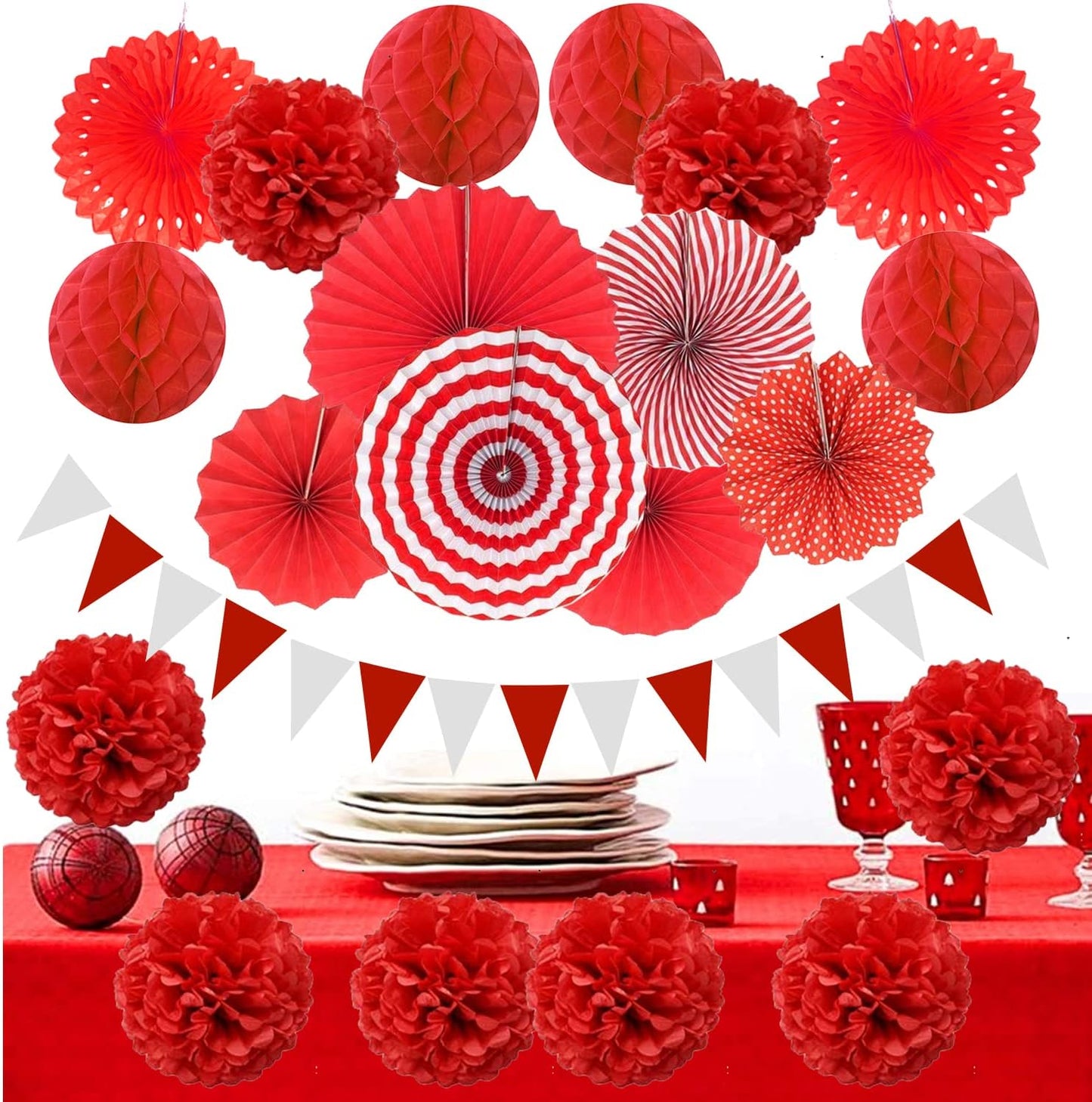ZERODECO Party Decoration, 21 Pcs Red Hanging Paper Fans Pom Poms Flowers, Garlands String and