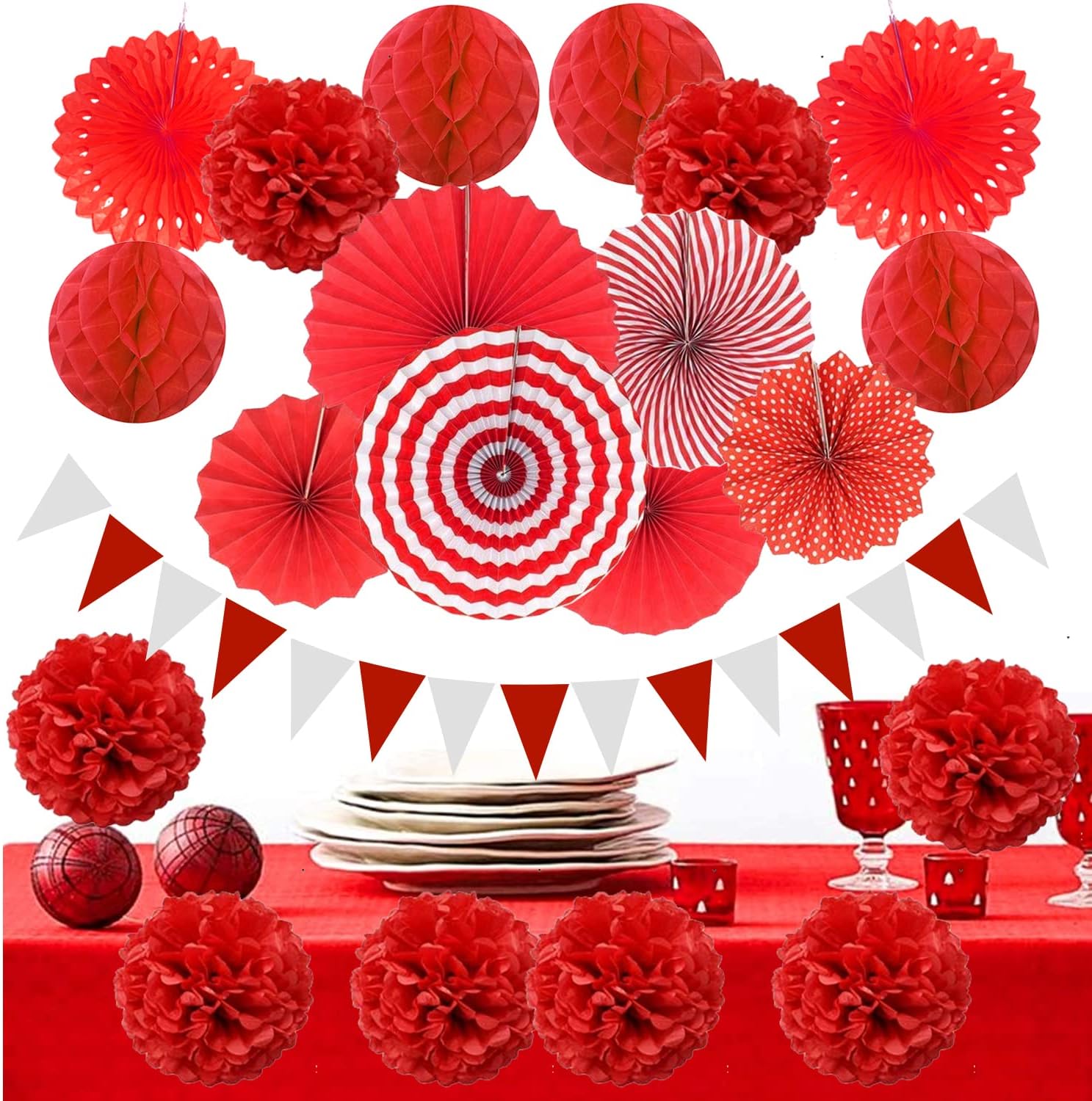 ZERODECO Party Decoration, 21 Pcs Red Hanging Paper Fans Pom Poms Flowers, Garlands String and