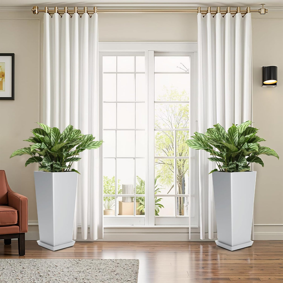 FENCY Set of 2 Tall Planters for Outdoor Plants, 24 Inch Large Tapered Pots with Drainage Trays