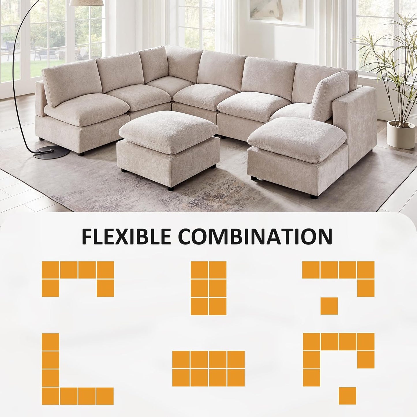 Modular Sectional Sofa, Convertible Couch Modular Sofa Without Ottoman, Sectional Sofas for Living