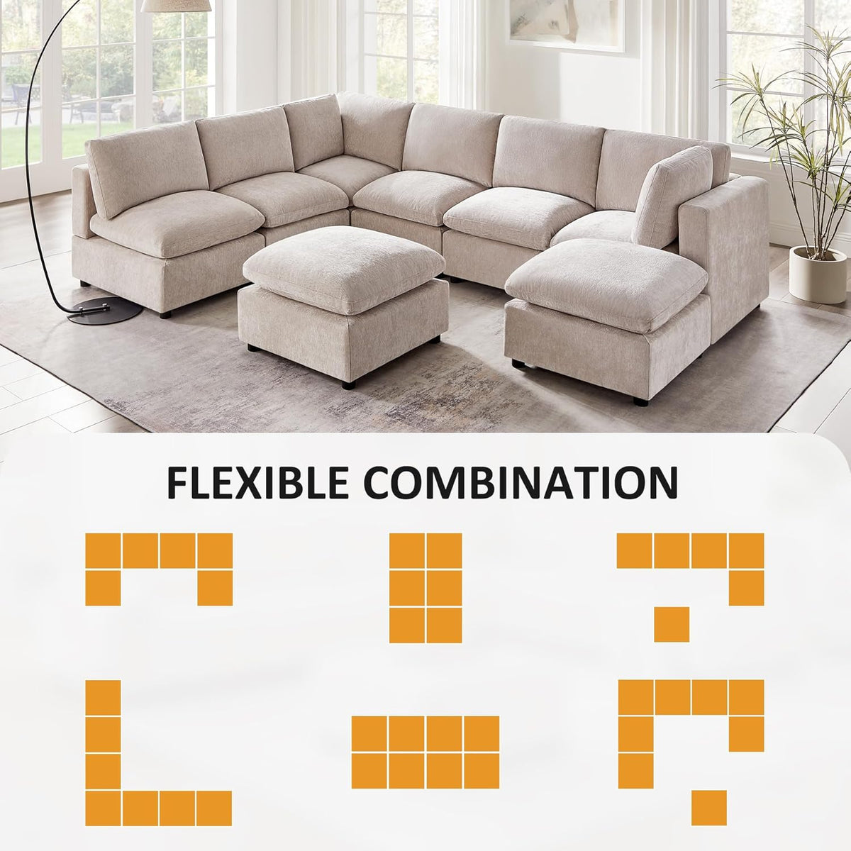 Modular Sectional Sofa, Convertible Couch Modular Sofa Without Ottoman, Sectional Sofas for Living