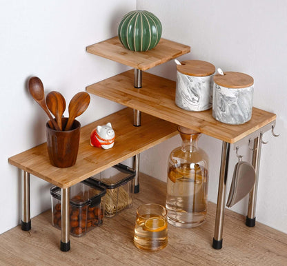 HYNAWIN Corner Shelf Bamboo & Metal Storage Spice Rack, 3 Tier Desk Bookshelf Display Shelves Space