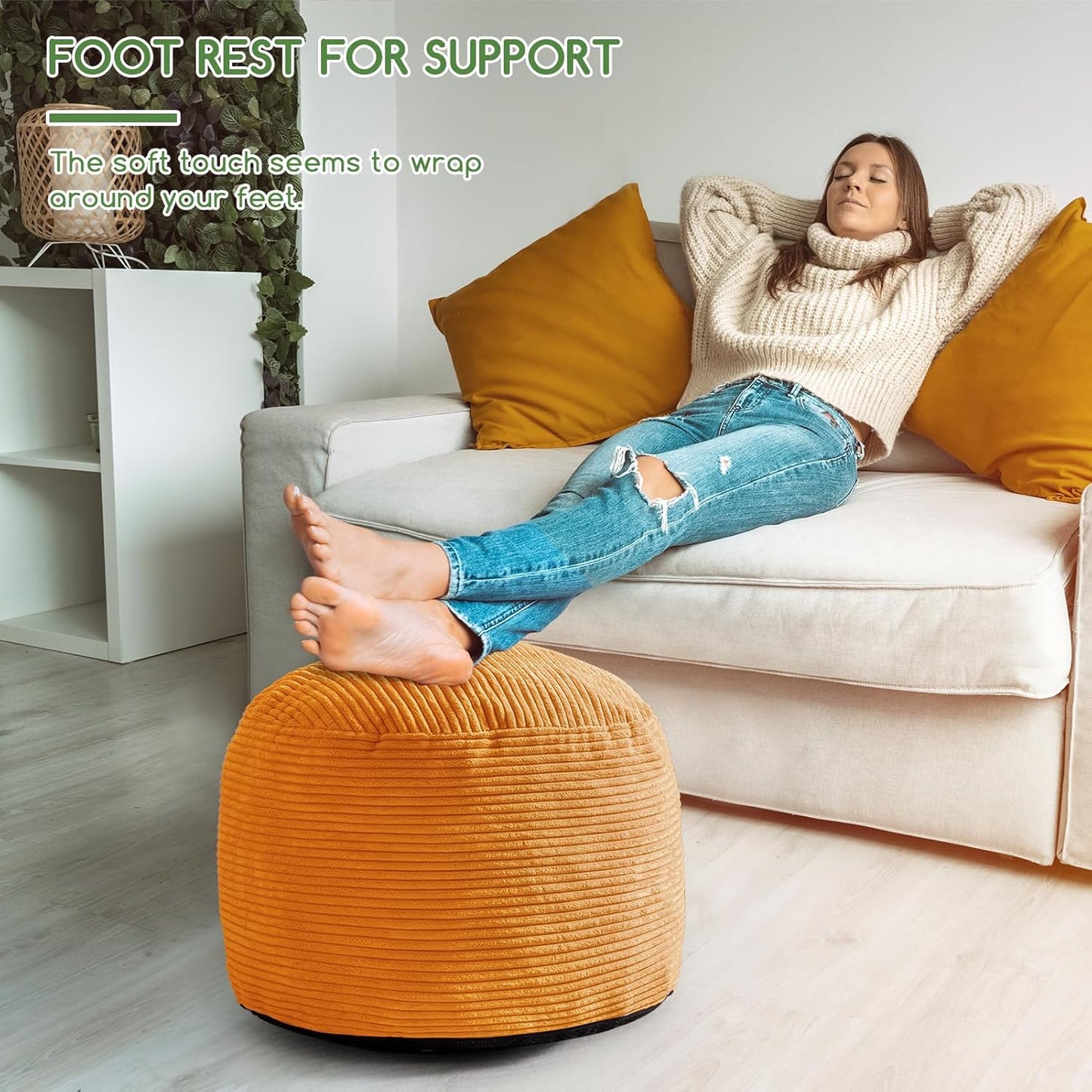 HIGOGOGO Round Stuffed Pouf Ottoman, Corduroy Poufs with Foam Chunk Filling, Furry and Fluffy Pouf