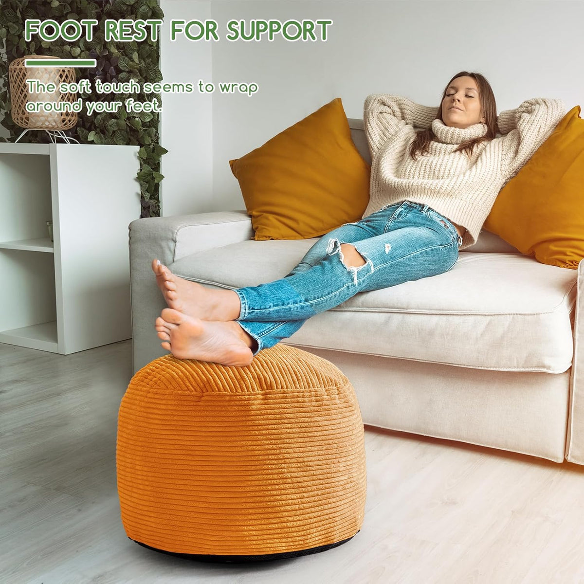 HIGOGOGO Round Stuffed Pouf Ottoman, Corduroy Poufs with Foam Chunk Filling, Furry and Fluffy Pouf