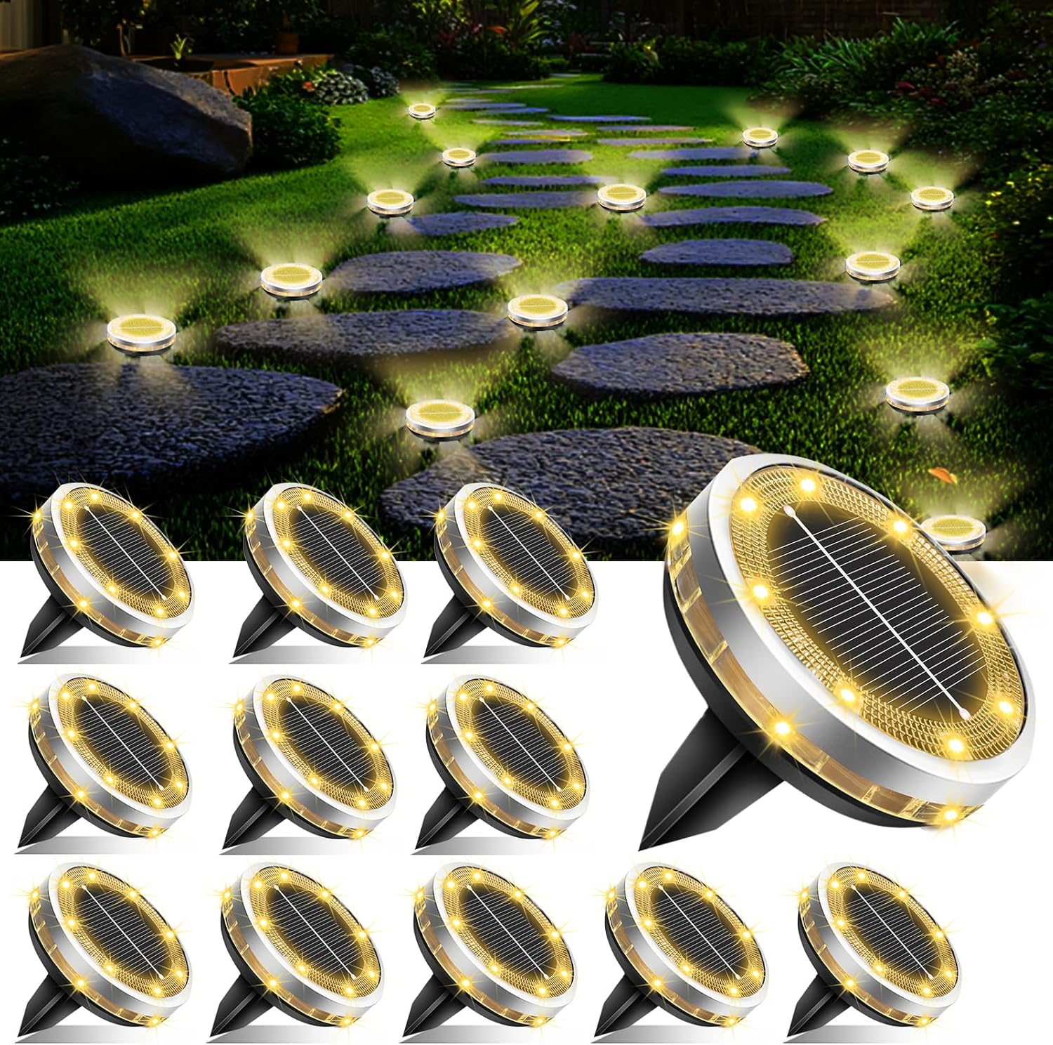 Solar Ground Lights Outdoor 12 Pack Waterproof, Upgraded Solar Garden Lights with 4 Side Light