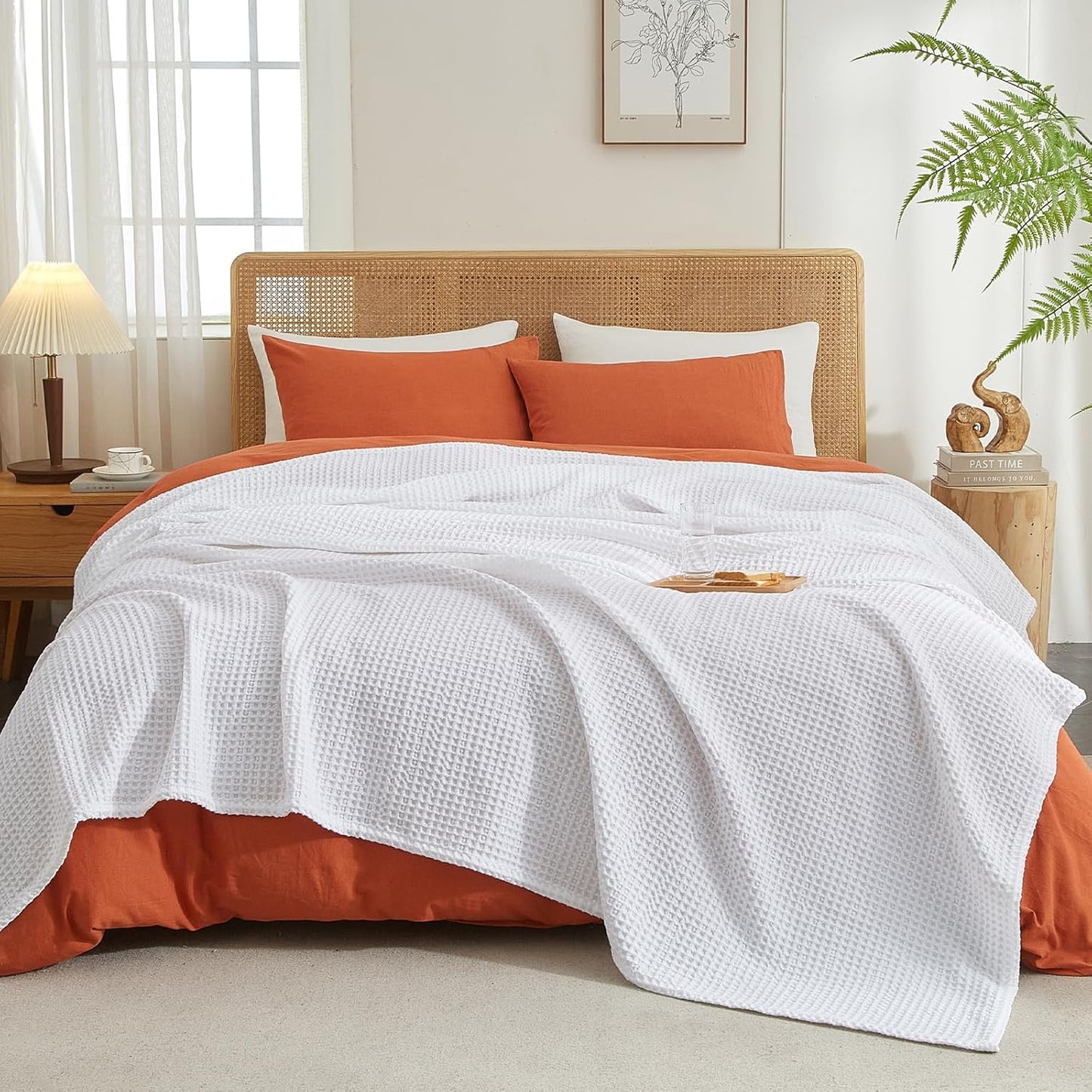 PHF Ultra Soft Waffle Weave Blanket King Size 104"x 90"- Washed Lightweight Breathable Cozy Woven