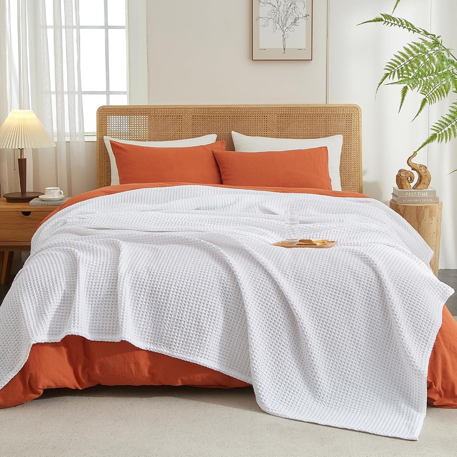 PHF Ultra Soft Waffle Weave Blanket Queen Size 90"x 90"- Washed Lightweight Breathable Cozy Woven