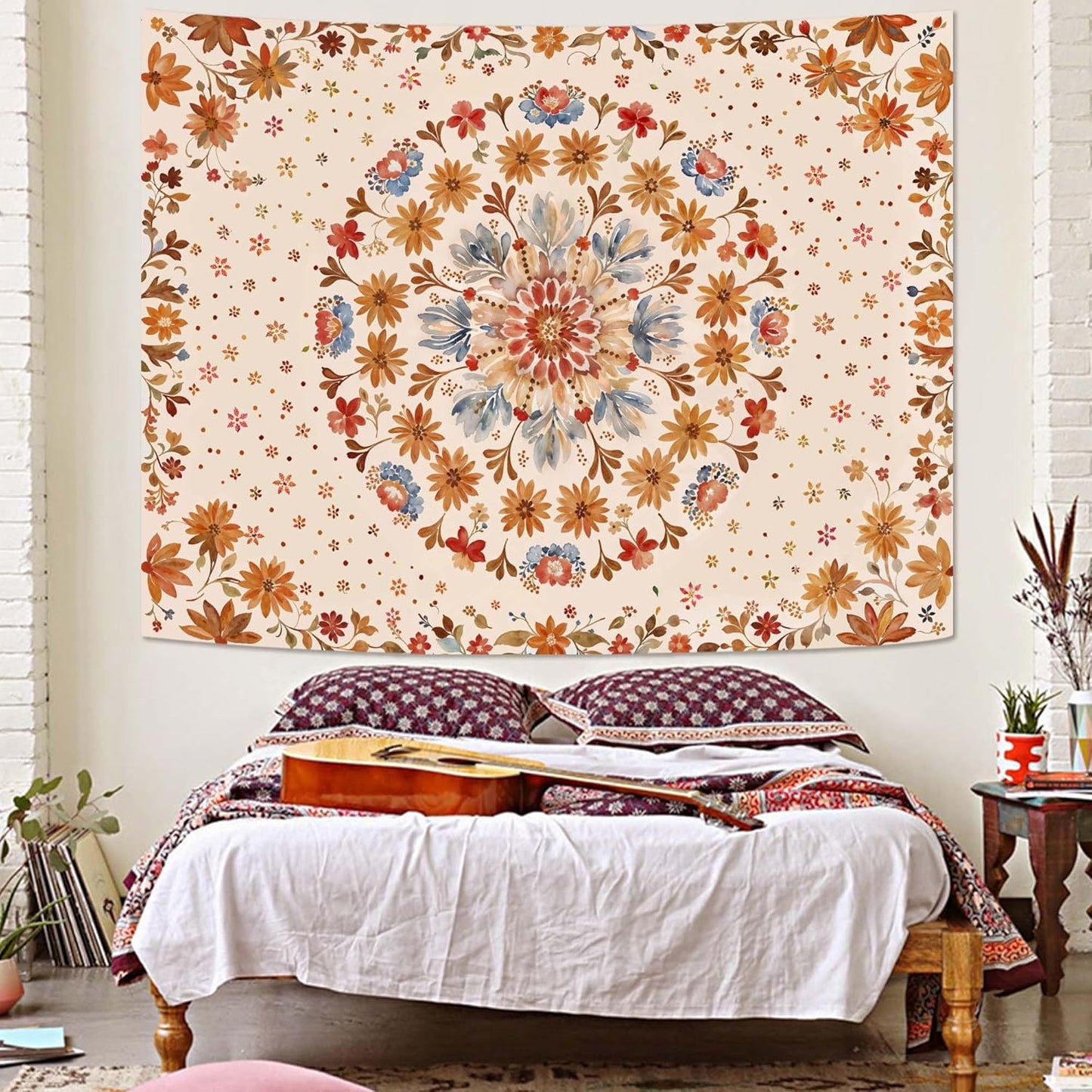 Fowocu Boho Floral Mandala Tapestry Wall Hanging Watercolor Bohemian Flower Medallion Tapestry