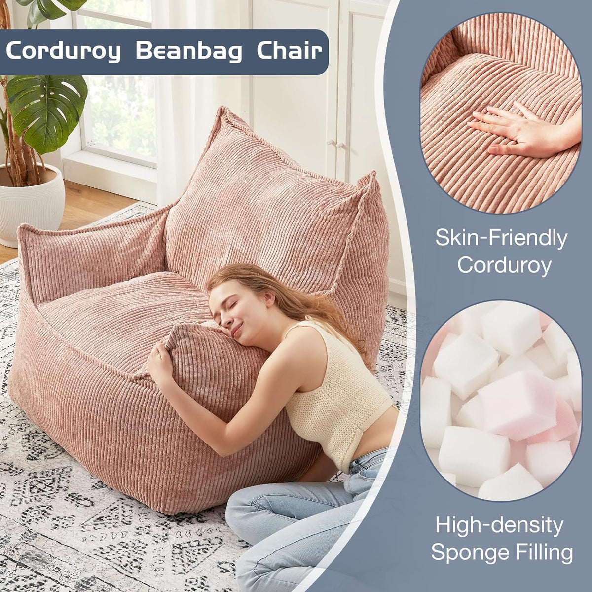 Giant Bean Bag Chair Sofa for Adults Teens, Comfy Corduroy Large Bean Bag Chairs with Armrests for