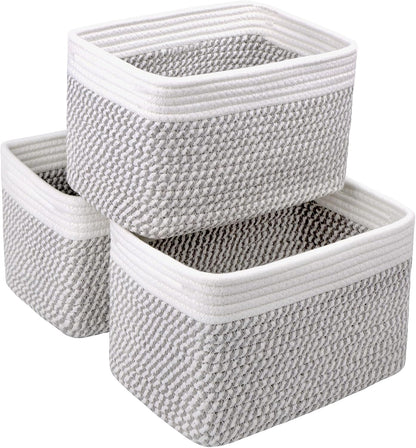 Small Cotton Rope Storage Basket Set of 3-11"x7"x7" Perfect Woven Baskets for Storage, Ideal