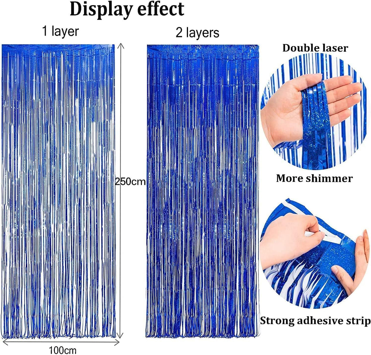Foil Fringe Curtain Party Decorations - Black Blue Metallic Tinsel Photo Booth Backdrop Party