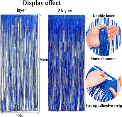 Foil Fringe Curtain Party Decorations - Black Blue Metallic Tinsel Photo Booth Backdrop Party