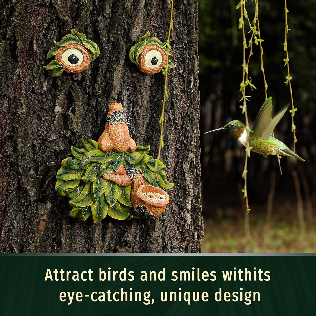 Tree Face Decor Outdoor,Whimsical Outdoor Art with Bird Feeder,Tree Hugger Bark Ghost Face