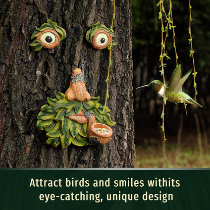 Tree Face Decor Outdoor,Whimsical Outdoor Art with Bird Feeder,Tree Hugger Bark Ghost Face