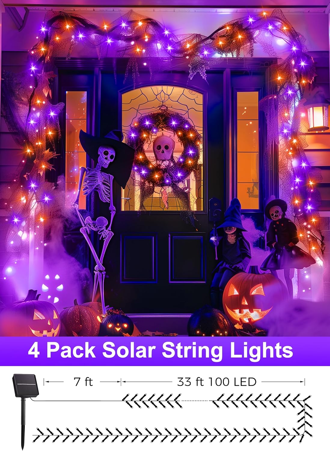 Minetom Halloween Solar Lights Outdoor - 4 Pack Total 160FT 400 LED Halloween String Lights with 8