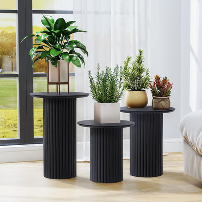 Round Nesting Coffee Table Set of 3,Mid Century Modern Fluted Coffee and End Table Set,Small Circle