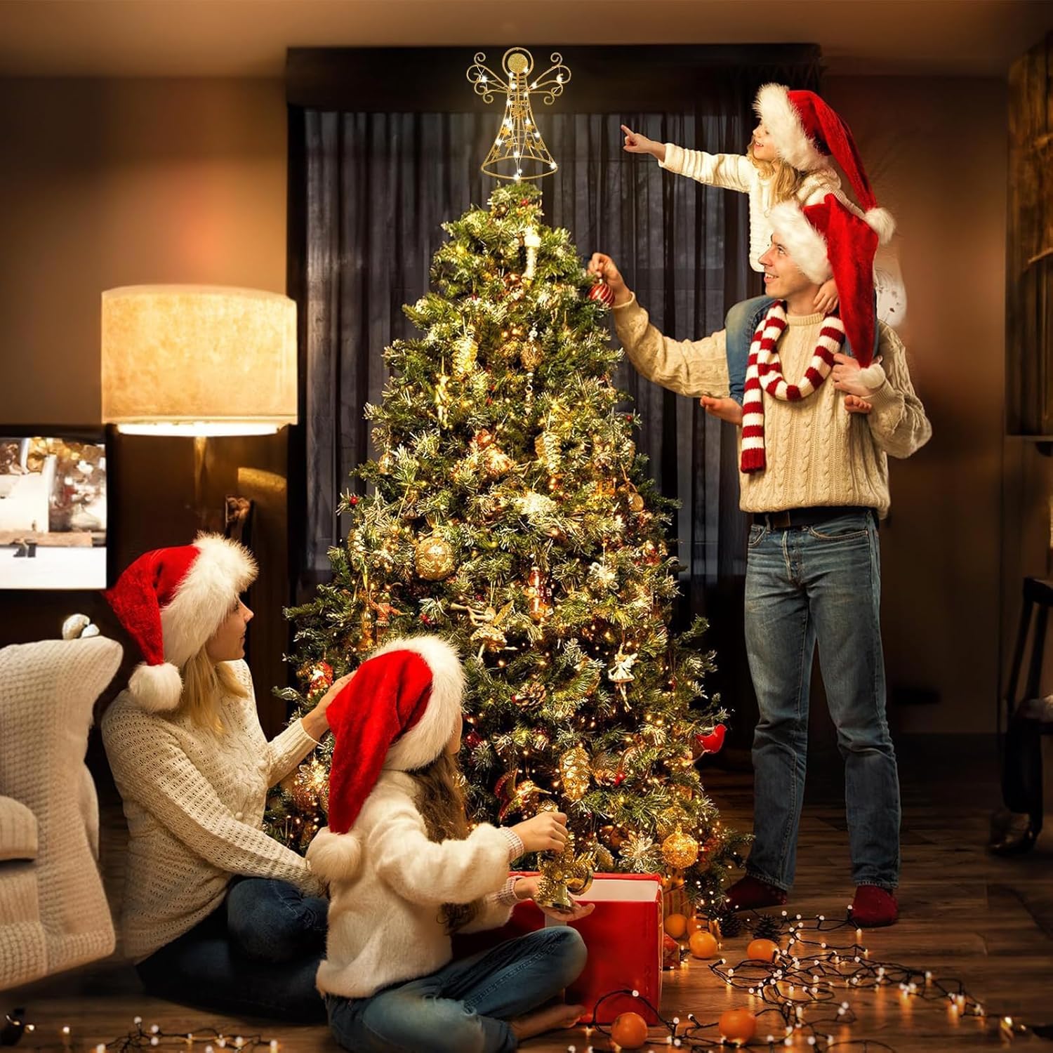 hogardeck Christmas Tree Topper, Glittered Gold Angel Tree Topper for Christmas Treetop, 30 LED
