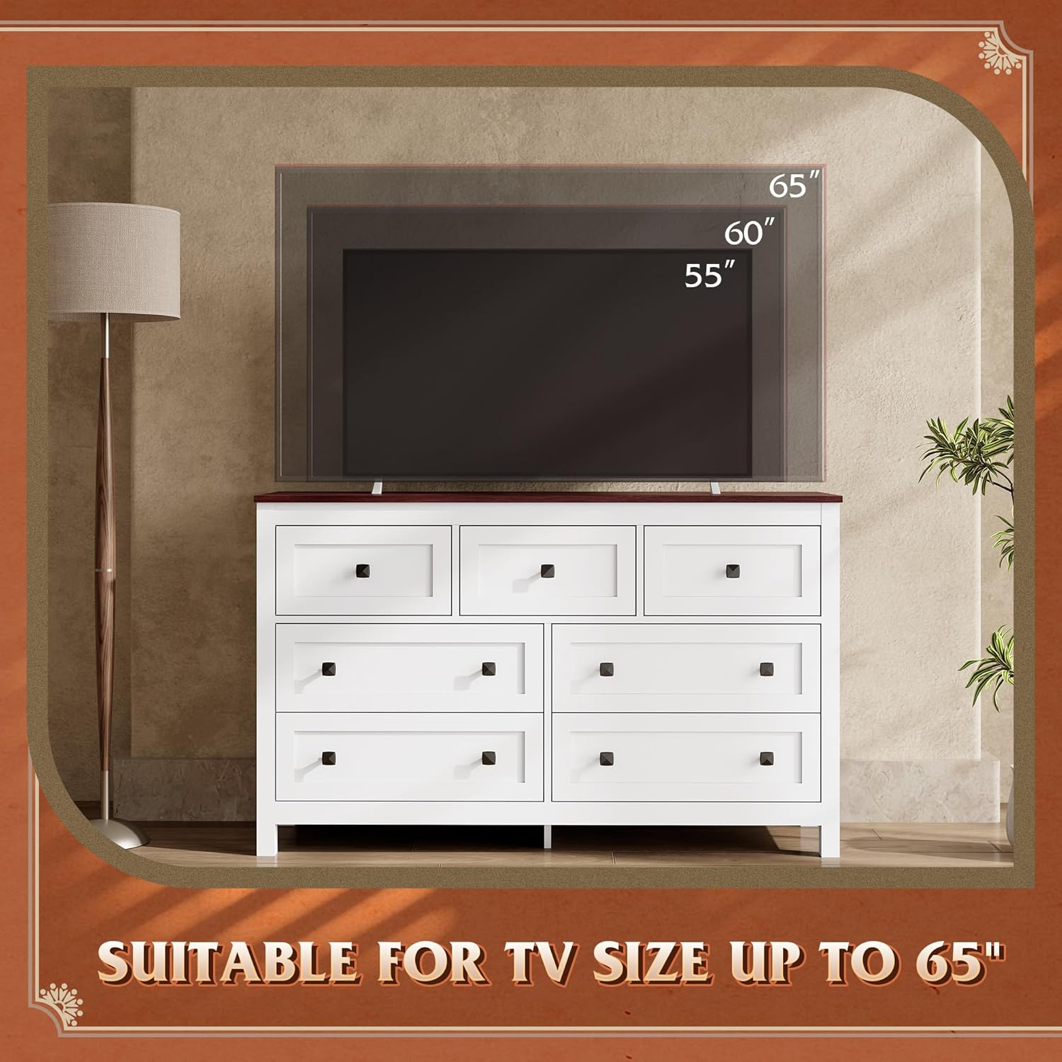 WLIVE Farmhouse Dresser for Bedroom, 51.18'' Wide 7 Drawer Wood Dresser, White TV Stand for 65 inch
