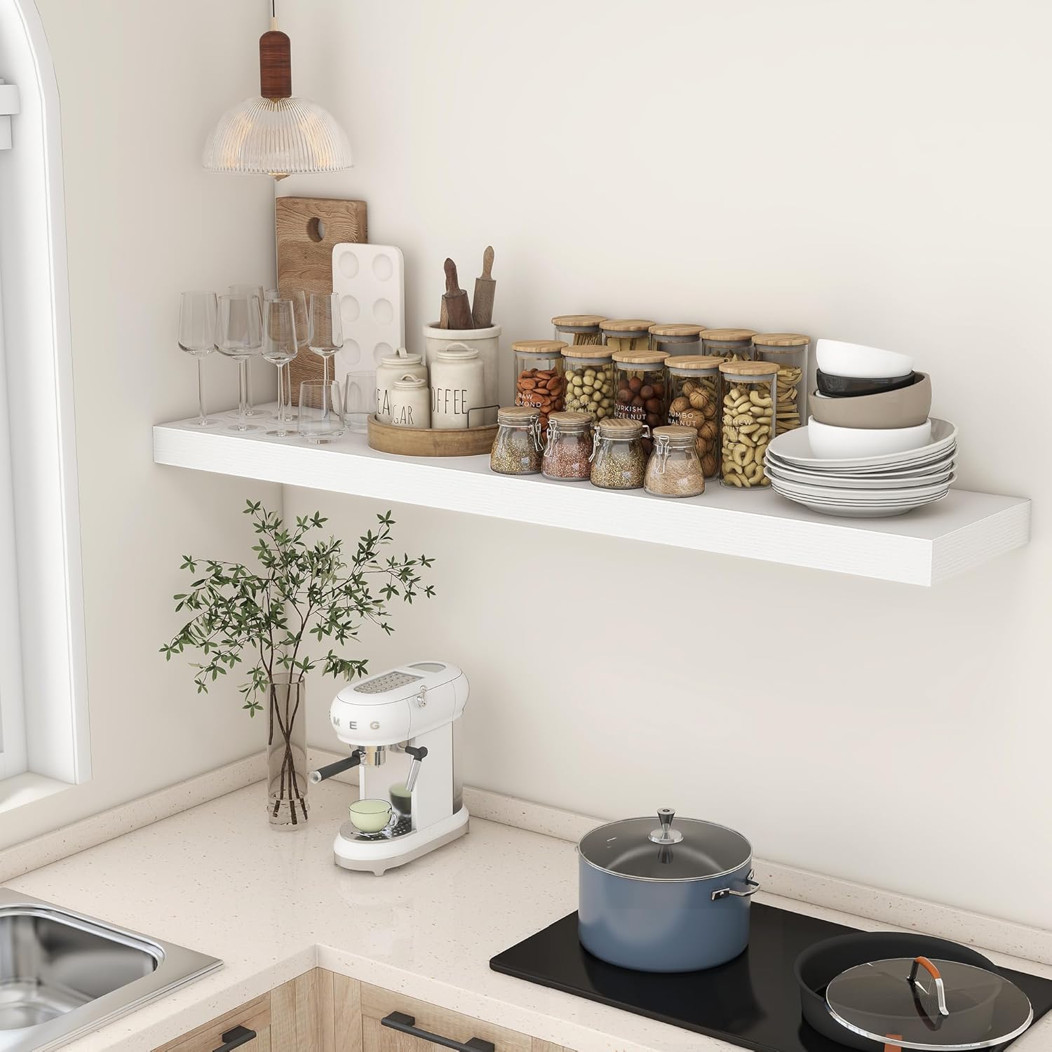 White Floating Shelves for Wall - 55 Inch Wide x 12 Inch Deep Wall Shelves Set of 1 - Rustic White
