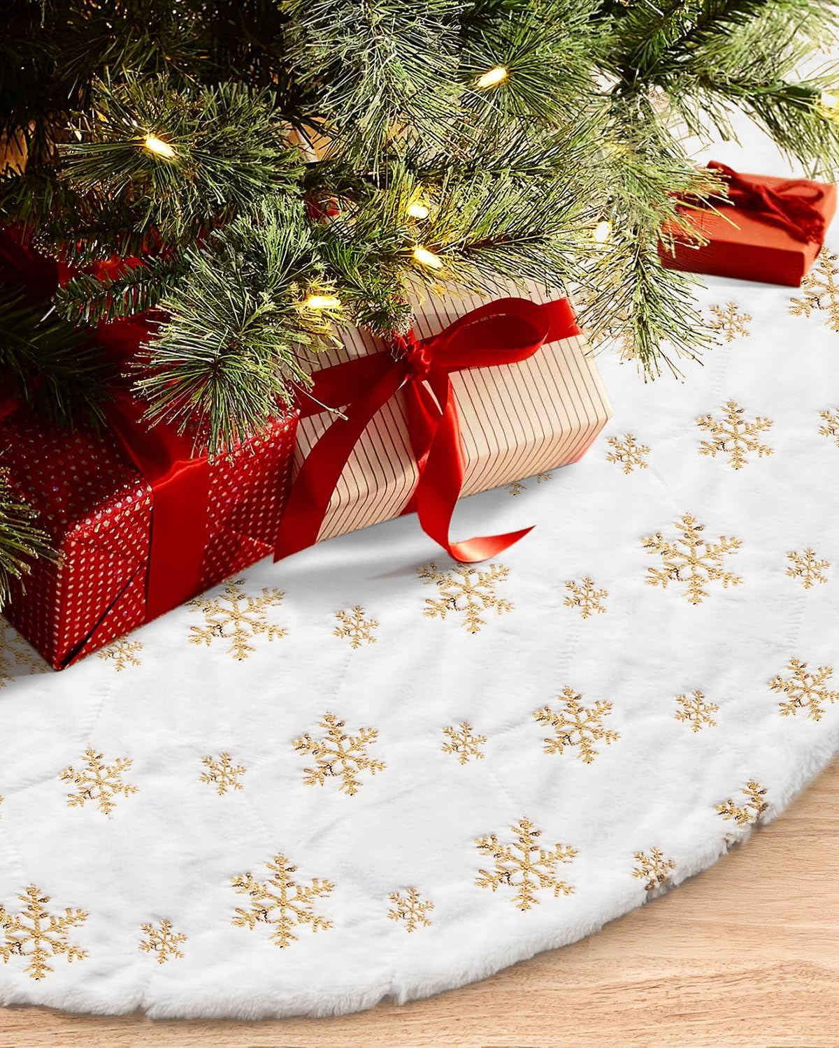COOLWUFAN 36 Inches Christmas Tree Skirt for Xmas Tree Holiday Party Decoration White Plush Gold