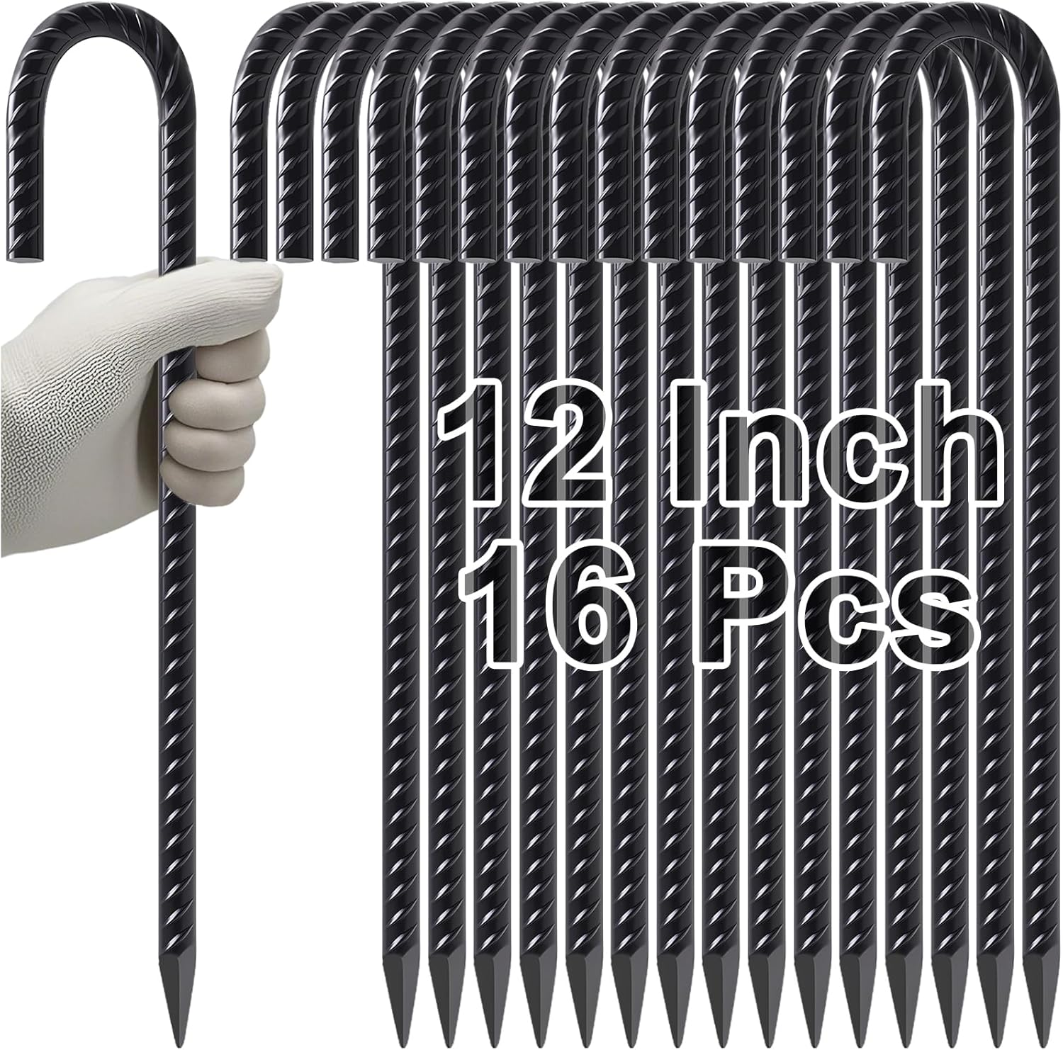 VVOKGO Rebar Stakes 12 Inches J Hook Heavy Duty Chain Link Fence Stakes, 16 Pcs Metal Long Tent