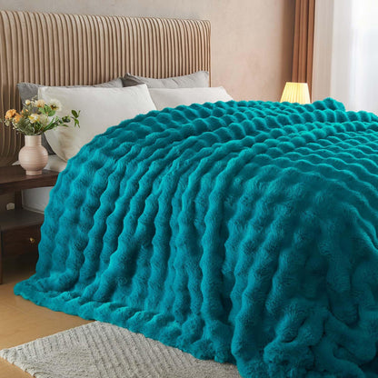 Lotus Karen Faux Fur Teal Throw Blanket - Big Bubble Rabbit Fluff Blanket for Couch Bed