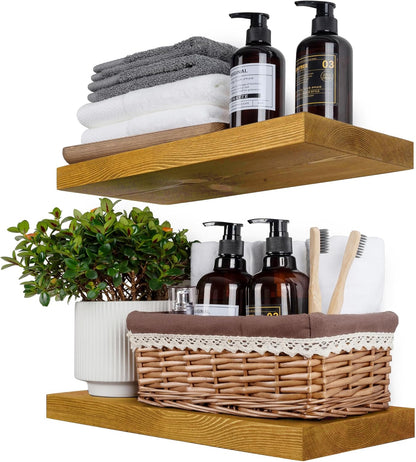 BGMG Wood Floating Shelves for Wall 18 inch Set of 2, Rustic Wooden Wall Mount Shelves for Living