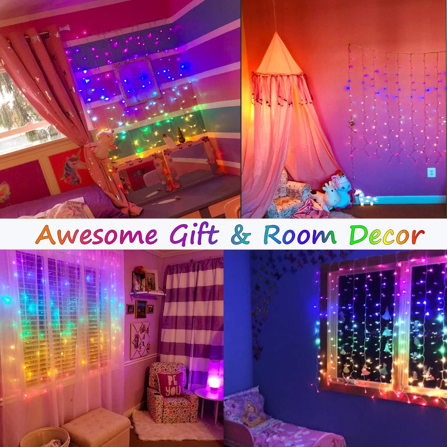 Rainbow Fairy String Curtain Lights with Remote, Twinkle LED Icicle Rainbow Lights Curtain for