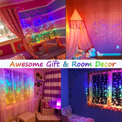 Rainbow Fairy String Curtain Lights with Remote, Twinkle LED Icicle Rainbow Lights Curtain for