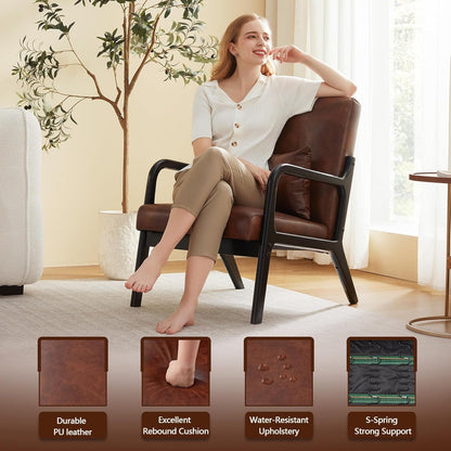 Accent Chair Mid Century Modern Armchair with Lumbar Support Pillow Wood Legs PU Leather