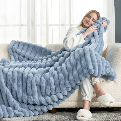 Cozy Bliss Faux Fur Throw Blanket for Couch, Cozy Warm Plush Striped Blanket for Sofa Bedroom