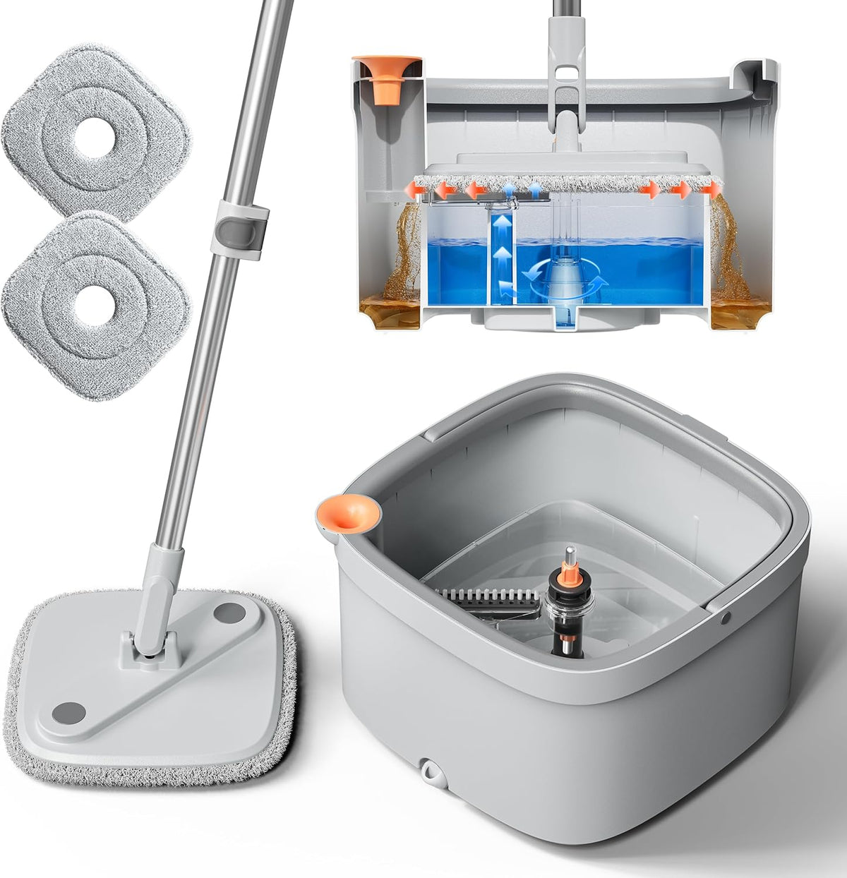 KZKR Spin Mop and Bucket Set with Self Separation Dirty and Clean Water System, Self Wringing 360°