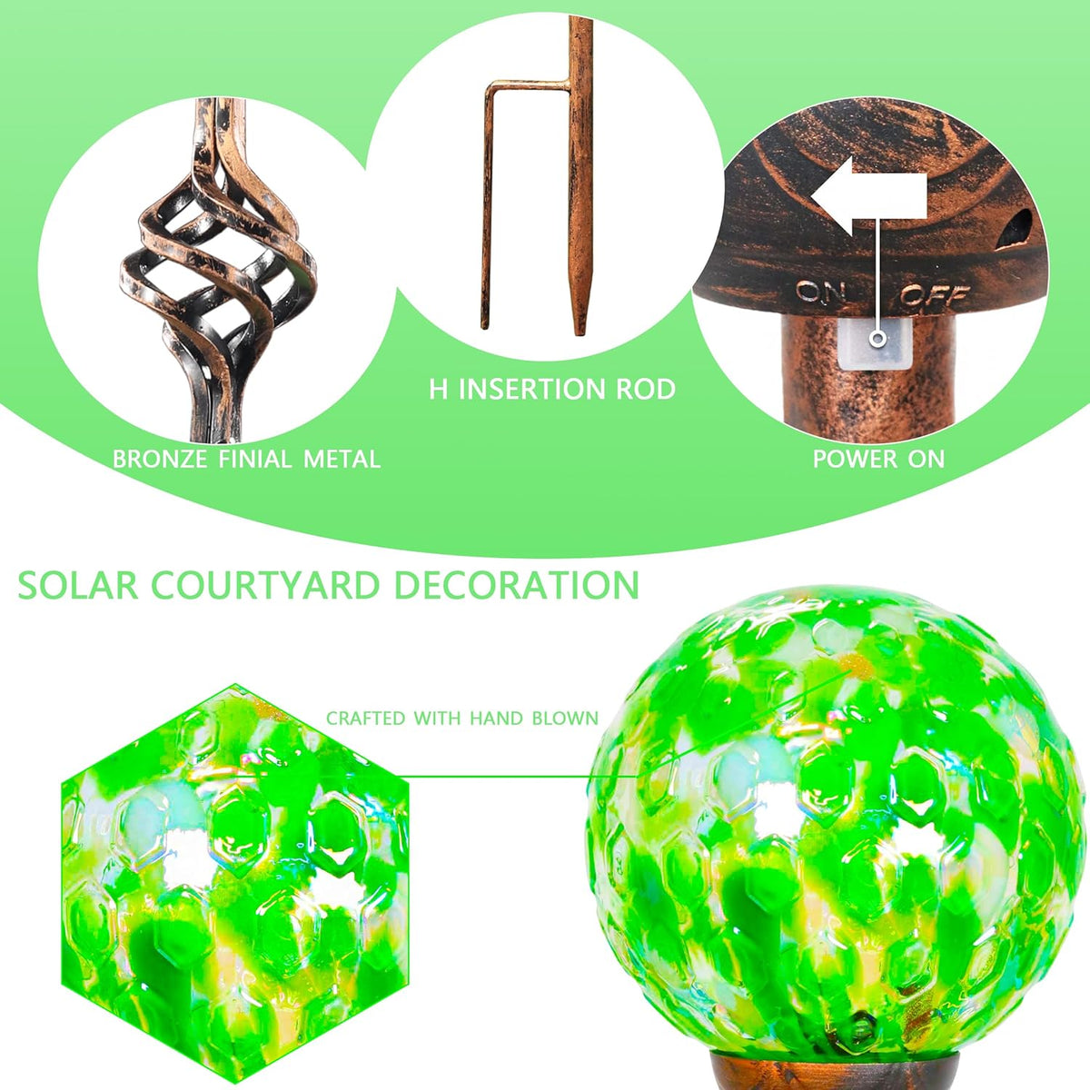 Garden Solar Lights, Decorative LED Honeycomb Glass Ball Garden Stake, Glass and Metal Outdoor