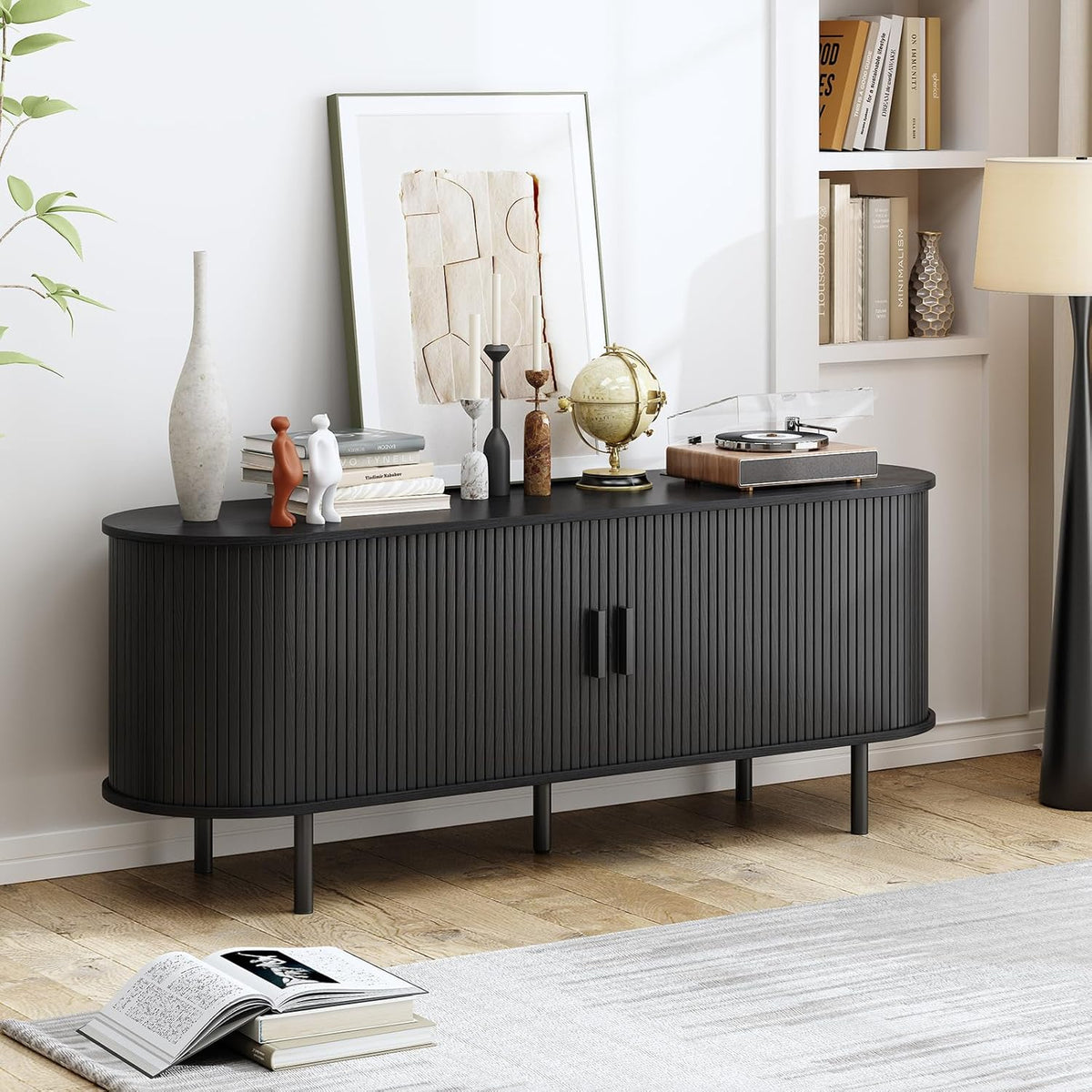 55" TV Stand with Power Outlet, Modern Media Console with Sliding Doors, Entertainment Center for