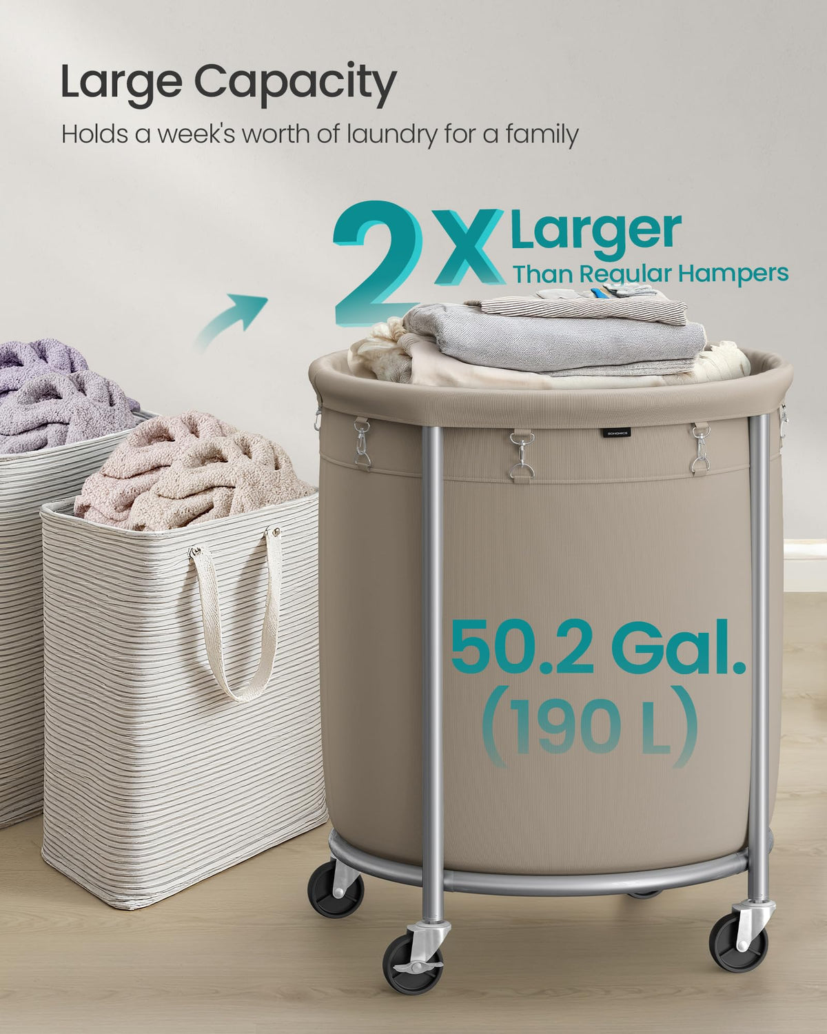SONGMICS Laundry Basket with Wheels, 29 Gal., Steel Frame, Removable Bag