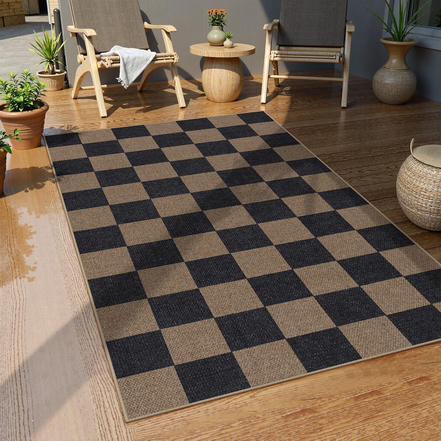Lahome Checkered Easy Jute 3x5 Rug, Washable Rugs for Living Room Entryway Farmhouse Non Slip Black