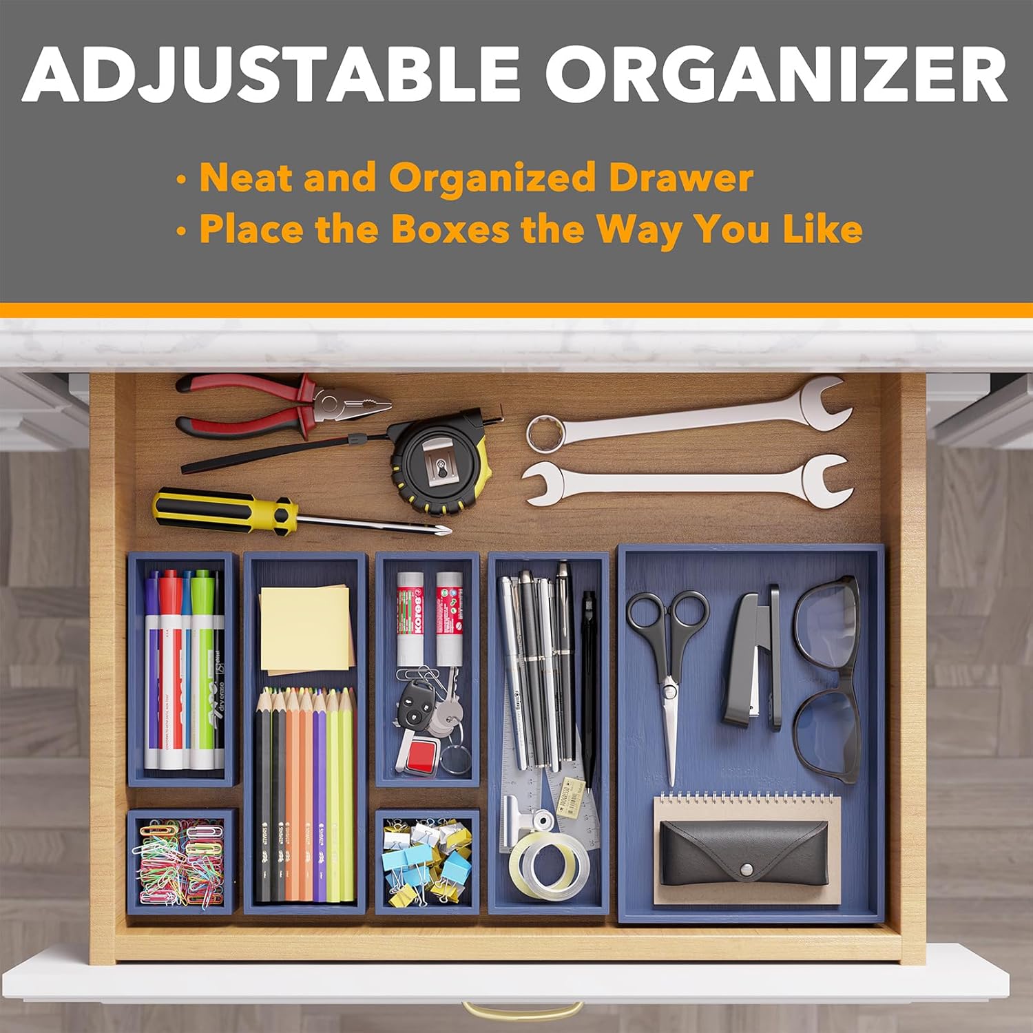 SpaceAid 7-Piece Bamboo Drawer Organizer Storage Boxes Set, Wood Tray Junk Drawer Organizers