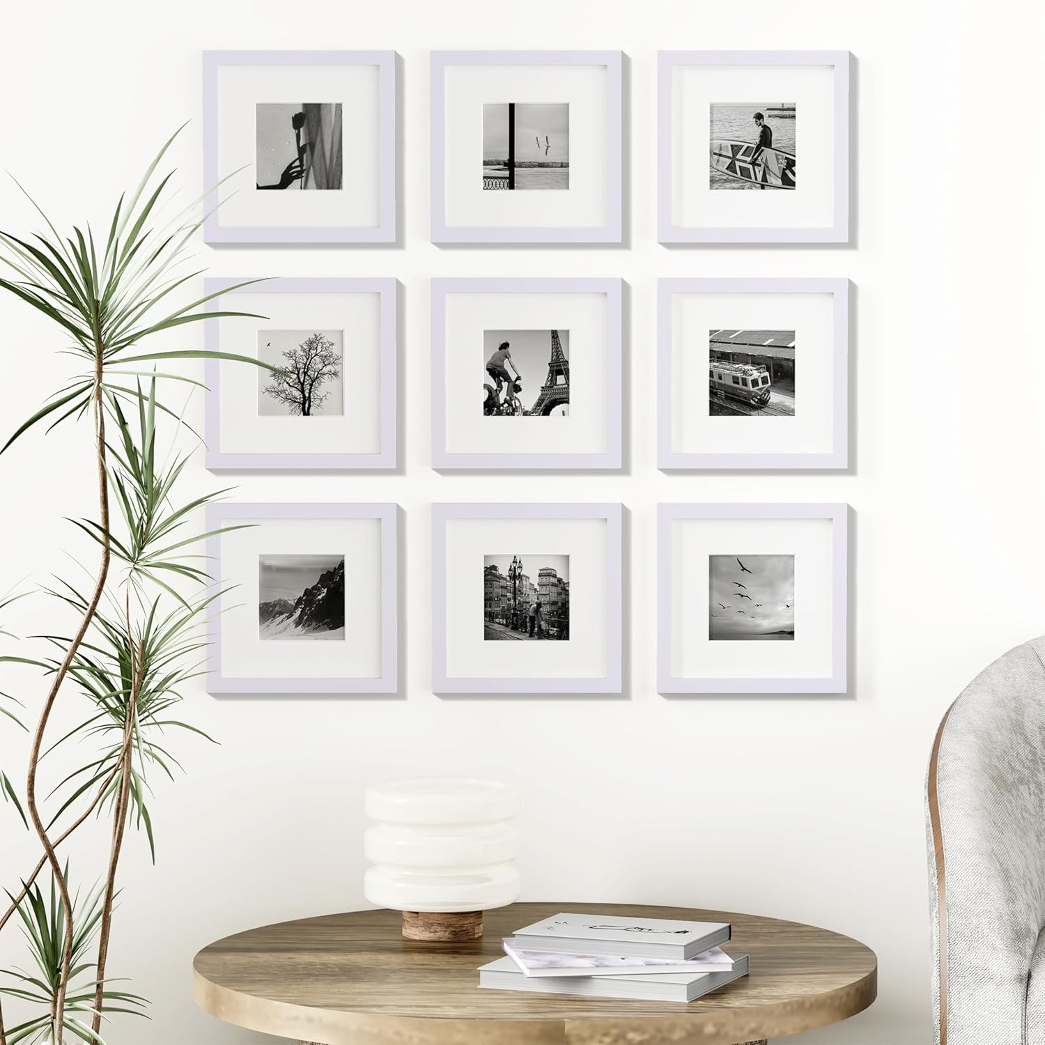 Vittanly 8x8 Picture Frames Set of 9, Shatter Resistant Plexiglass, Display 4x4 Pictures with Mat