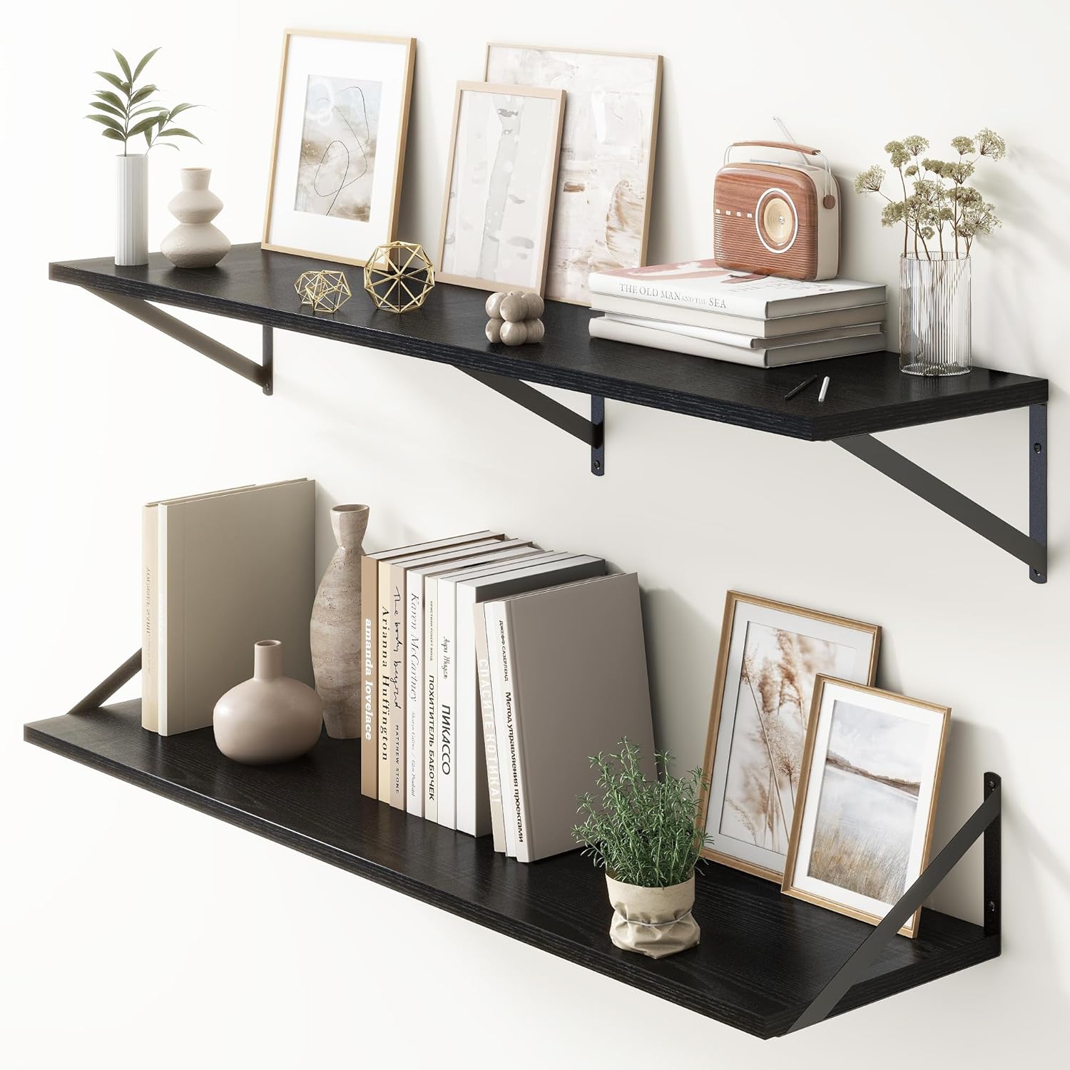 Floating Shelves 48 Inch Long, 10" Deep Floating Shelves, Black Wall Shelves 48 x 10, Set of 2