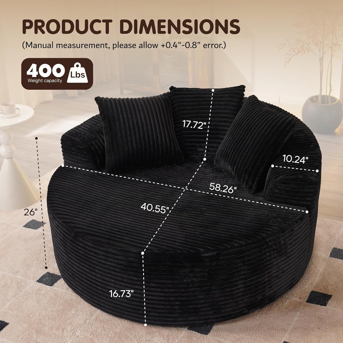 ovios 58" Oversized Round Chair Lounge Chaise Indoor, No Assembly Required, Cloud Large Circle