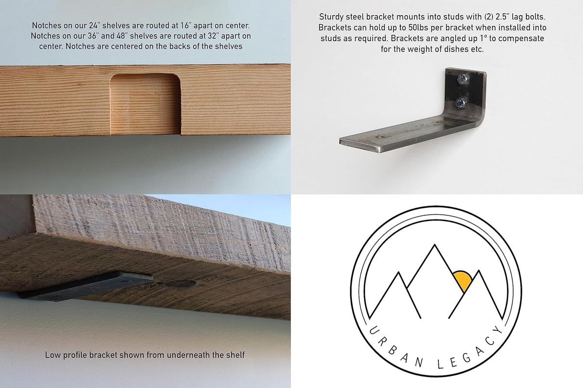 Urban Legacy Reclaimed Barn Joist Deep Floating Shelves | Deep Shelves with Low Profile Shelf