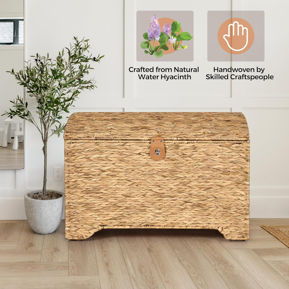 Handwoven Storage Basket with Lid, 178L Wicker Storage Bin, Natural Water Hyacinth, Leather Buckle
