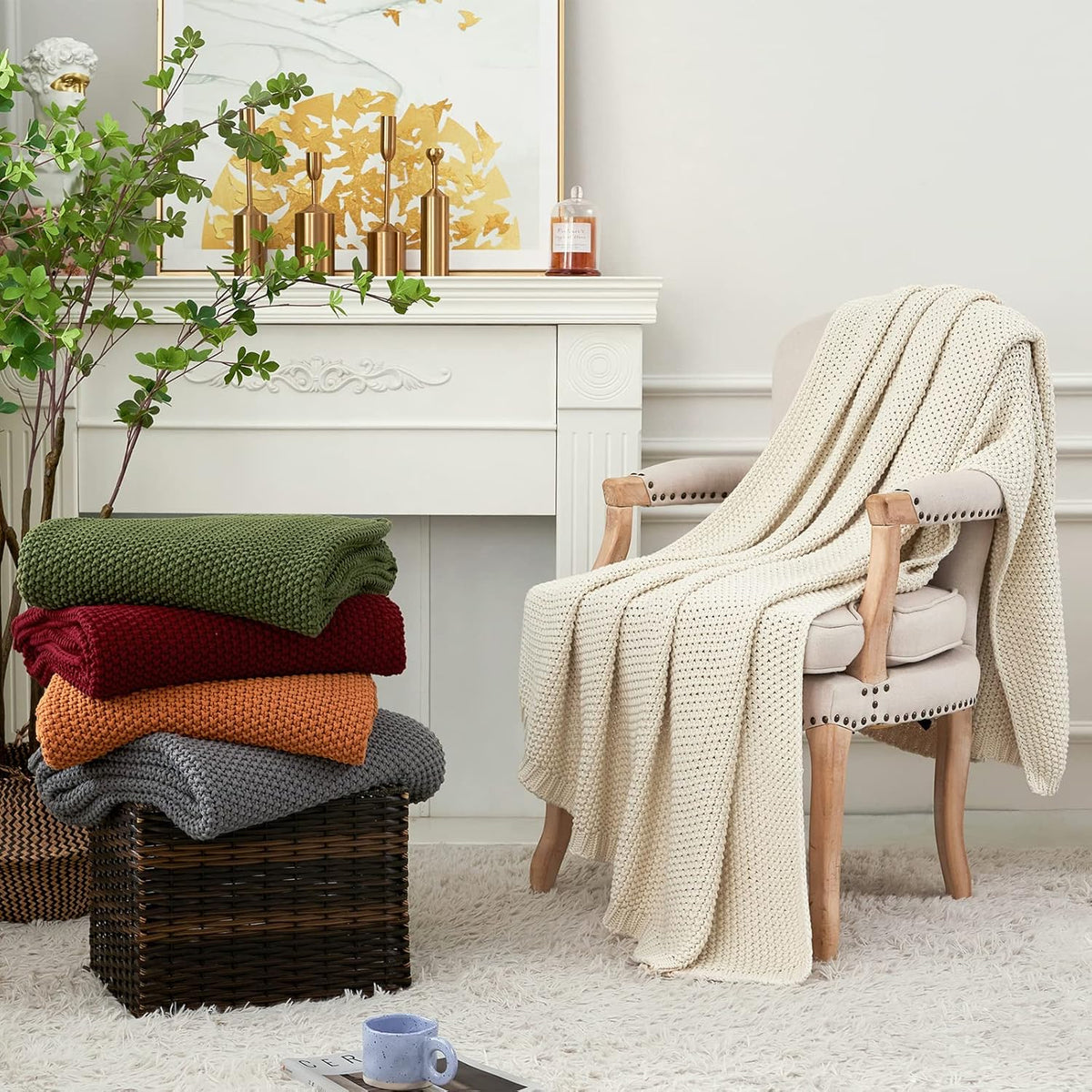 Longhui bedding Chunky Cable Knit Throw Blanket Lightweight Cream 100% Organic Cotton Blanket for