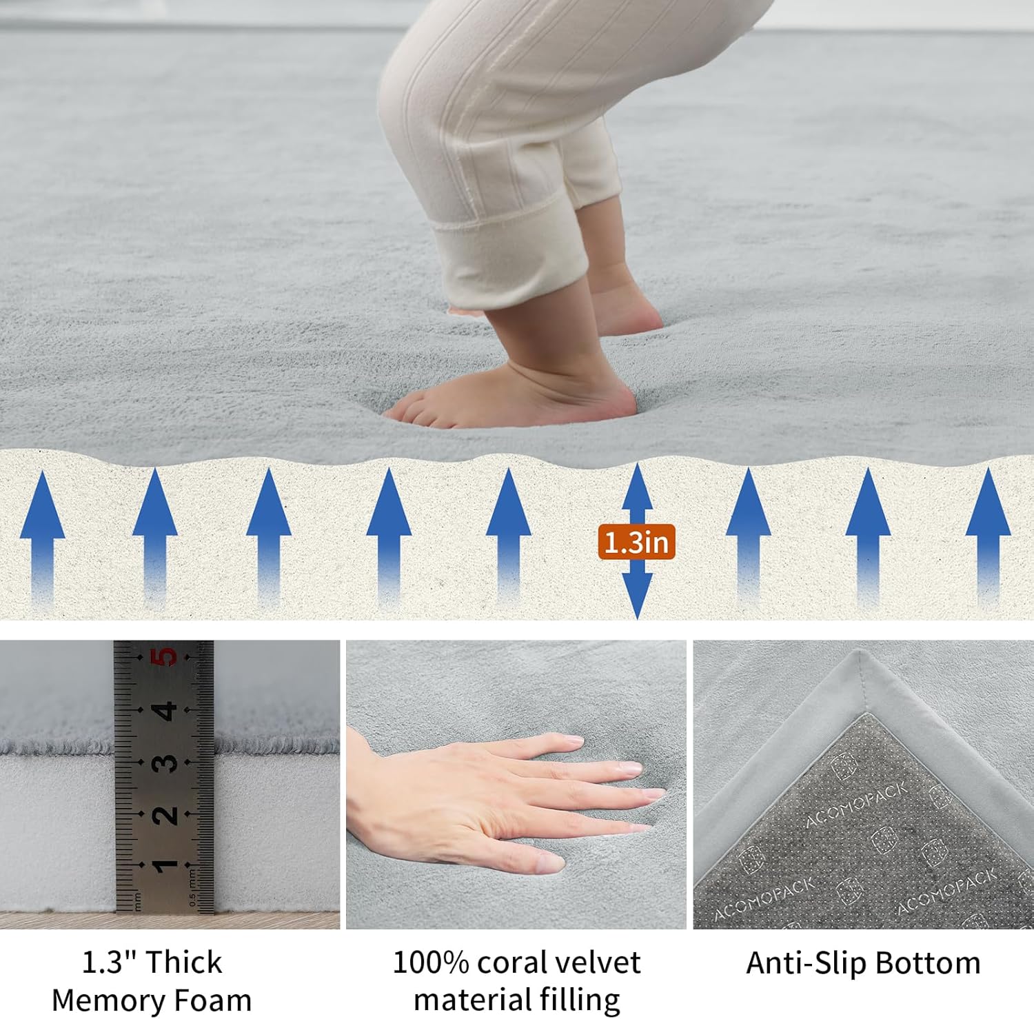 ACOMOPACK Baby Play Mat for Floor,1.3" Thick Memory Foam Area Rug for Living Room,Soft Velvet