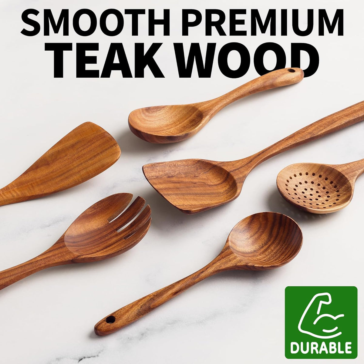 Zulay Kitchen 6-Piece Wooden Cooking Spoons Set – Heat-Resistant, Smooth Teak Utensils with Comfort