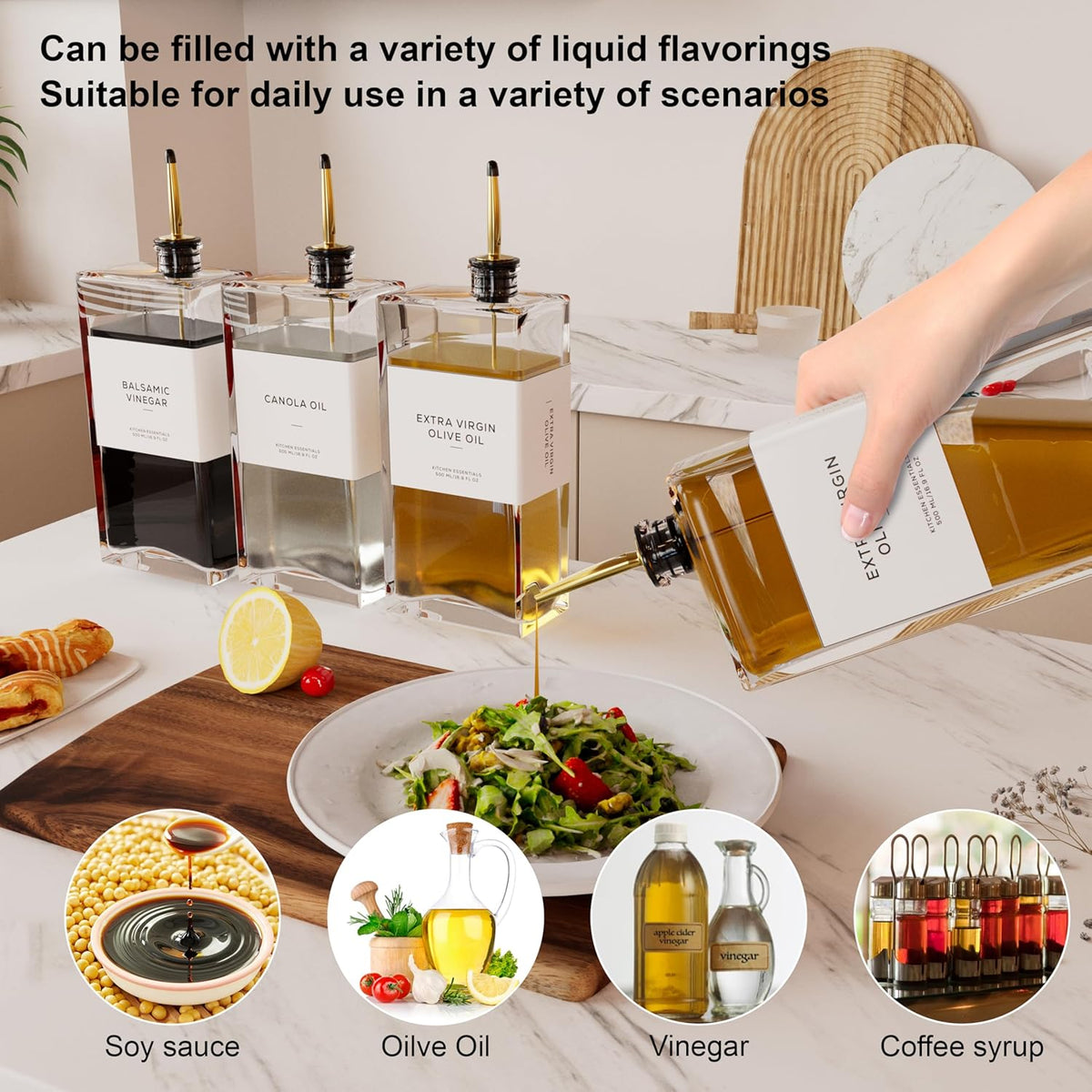 Olive Oil Dispenser for Kitchen, 16.9 oz/ 500 ml Olive Oil Dispenser Bottle, Glass Oil Bottles for